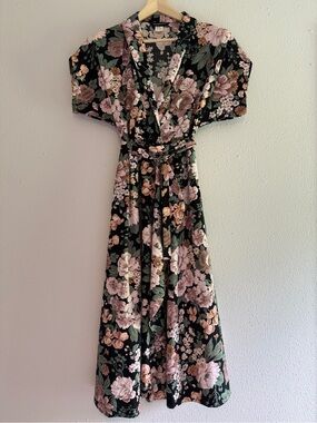 1960’s Mr. Blackwell Vintage Floral Wrap Midi Black Dress Pink Blooms Size 8